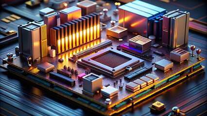 Detailed overhead view of a futuristic computer motherboard with a central processor and glowing orange components, representing advanced technology and computing power.