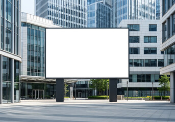 Obraz premium Empty billboard display centered on sleek glass commercial complex creating professional outdoor marketing and branding mockup scene