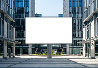 Obraz premium Empty billboard display centered on sleek glass commercial complex creating professional outdoor marketing and branding mockup scene
