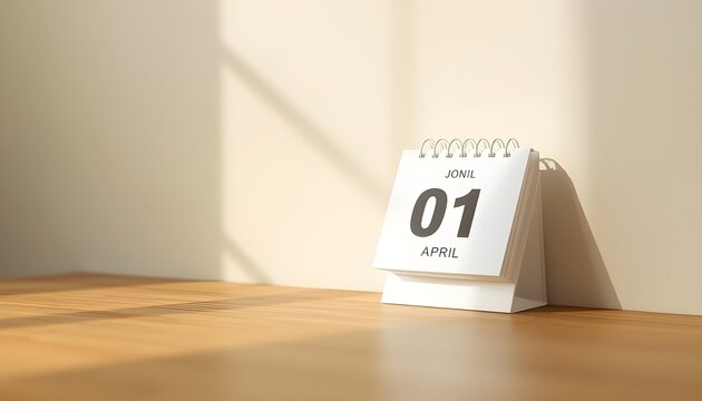 A small desk calendar displays the date April 1st on a wooden table with a beige wall in the background.