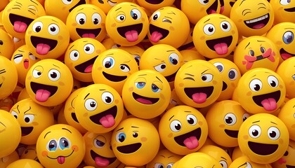 Obraz premium A collection of yellow smiley face emojis with various expressions and tongue out poses