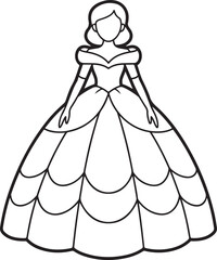 Fototapeta premium An outline illustration of a beautiful princess gown with a full layered skirt and off shoulder sleeves