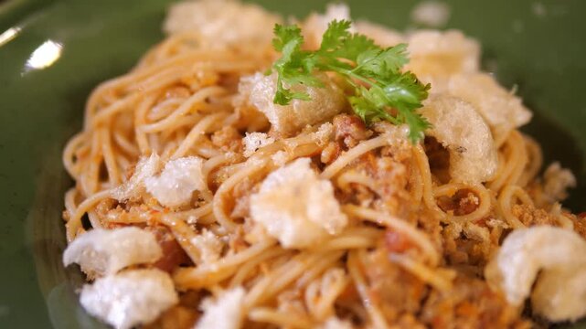 Spaghetti with Thai Nam Prik Ong Northern Style Fusion Pasta Close Up