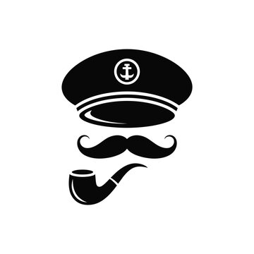 A simple black and white illustration of a captain's hat, mustache, and pipe.