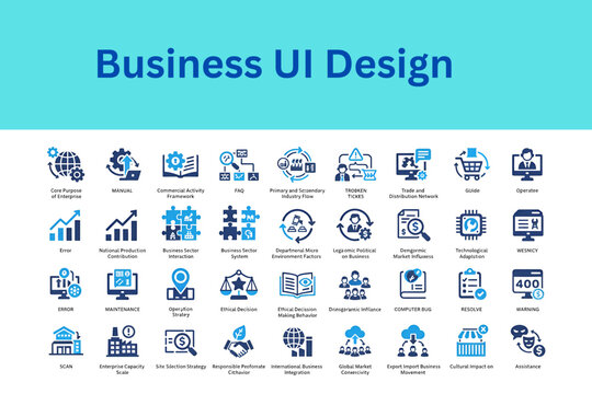 Premium blue business UI icons for software development and data visualization. Analytics, international trade, ethics, and company infrastructure
