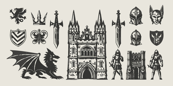 Vintage heraldic elements including dragons knights and gothic architecture