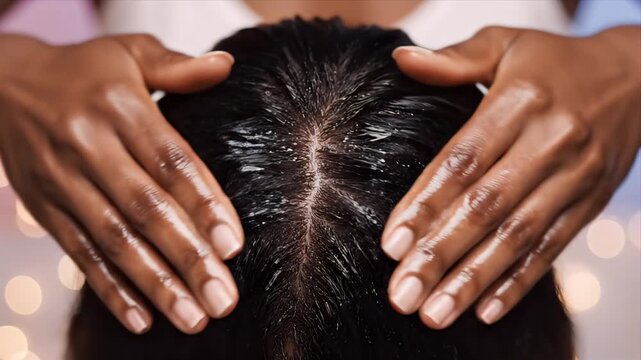 Close-up of hands applying nourishing oil to dark hair scalp promoting healthy hair growth and shine with soft bokeh