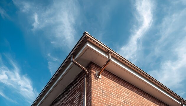 A house with a copper gutter system under a blue sky with wispy clouds