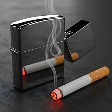 Lighter with burning cigarette on table.