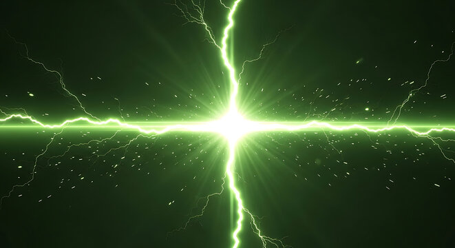 green lightning forming an electric cross and radiating vibrant energy particles in a dark digital space symbolizing power and technology.