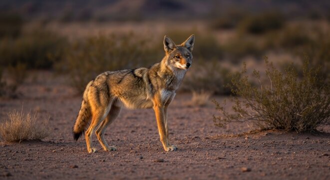 Coyotes in desert sunset