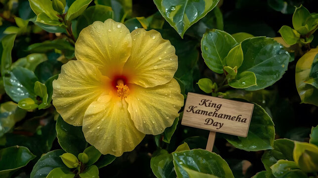 Yellow hibiscus flower with water drops and a wooden sign. King Kamehameha Day concept.
