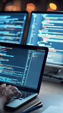 Person working on laptop computer coding.