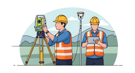 Surveyor Measuring Land with Equipment Flat Illustration