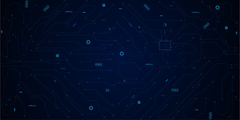 Obraz premium Glowing light blue neon AI chip with thin circuit contact lines. Technology lines circuit and dots on blue background, circuit board network connection. 
