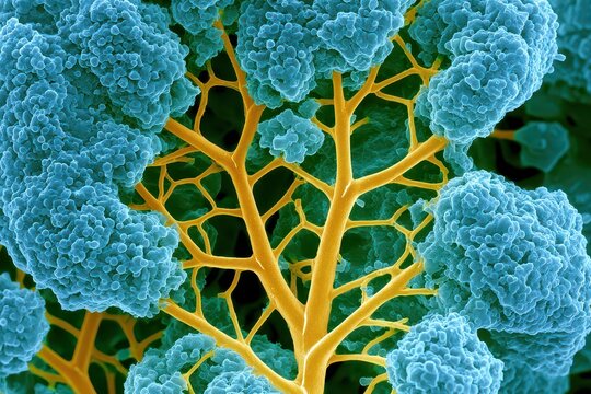Scanning Electron Micrograph of Glomeruli and Blood Vessels in Human Kidney Tissue with Cellular Detail in Blue and Yellow Tones