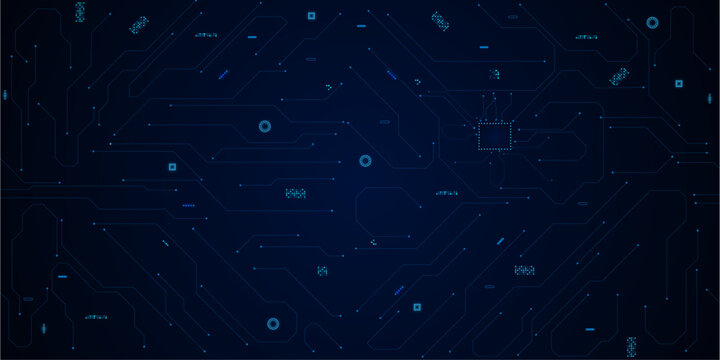 Glowing light blue neon AI chip with thin circuit contact lines. Technology lines circuit and dots on blue background, circuit board network connection. 