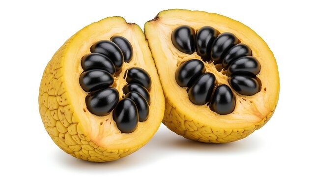 Exotic Pawpaw Fruit Cut in Half Revealing Black Seeds.