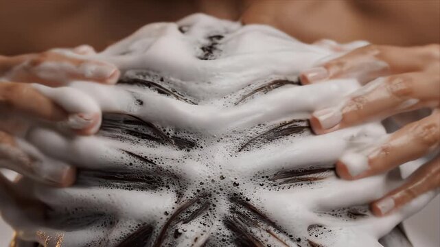Close up of hands massaging shampoo into dark wet hair creating rich white foam in a dimly lit environment for hair