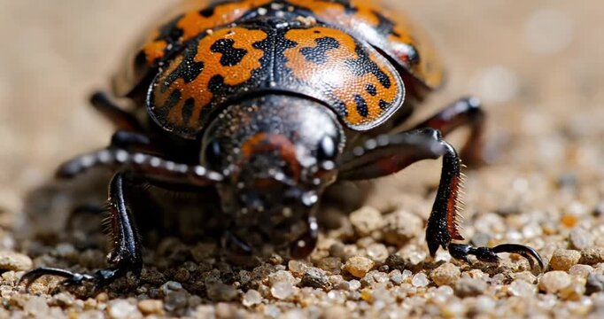 Close-up of a vibrant beetle crawling on sandy terrain, showcasing intricate patterns and details