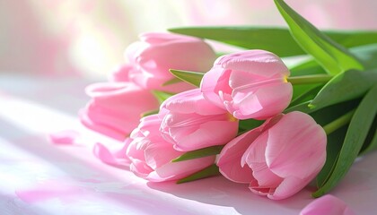 Obraz premium Pink Tulips Bouquet on White Background.
