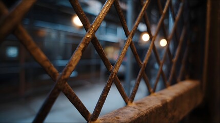 Close up of a rusty metal lattice fence at night with blurred urban lights in the background