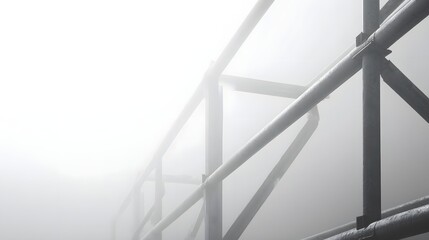 Naklejka premium A close up view of industrial scaffolding pipes disappearing into thick white fog