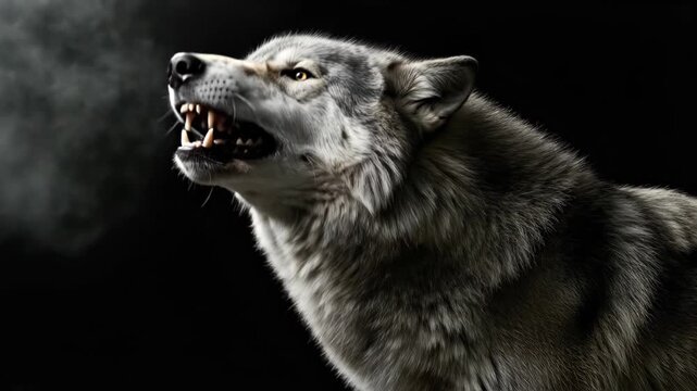An angry wolf is roaring, showing its sharp teeth against a black background.