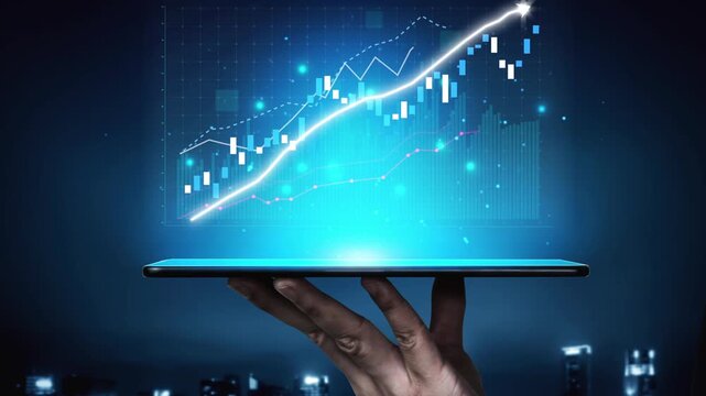 A hand holds a sleek tablet showcasing an ascending financial chart illuminated in blue, symbolizing growth and modern investment analysis in a digital landscape. Copula