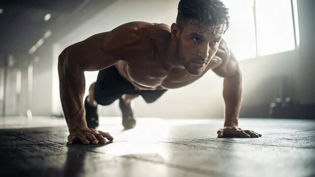 Determined muscular man performing push ups during intense gym workout