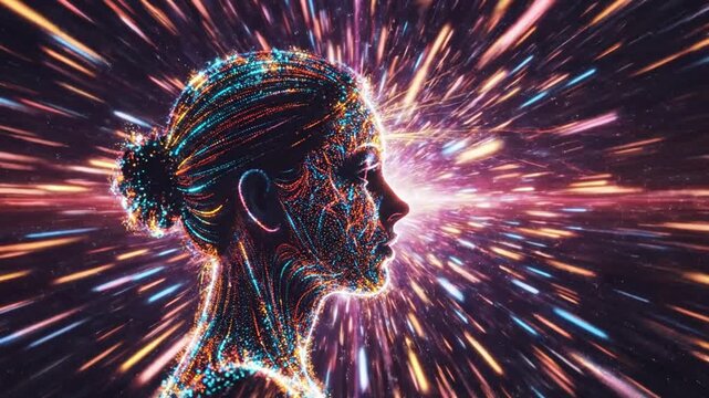 A digital illustration of a woman's profile with vibrant, neon lights emanating from her head, symbolizing creativity and energy, viewed from the side.