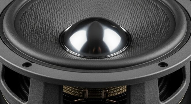 Close-up of a modern audio speaker cone with a metallic dome tweeter