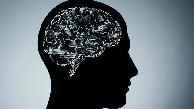Silhouette of a human head in profile with a glowing, intricate brain inside