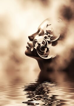 Abstract beige and brown imagery depicting hazy reflections of an evolving self, exploring fragmented identity and deep contemplation, blurred, quiet, ethereal
