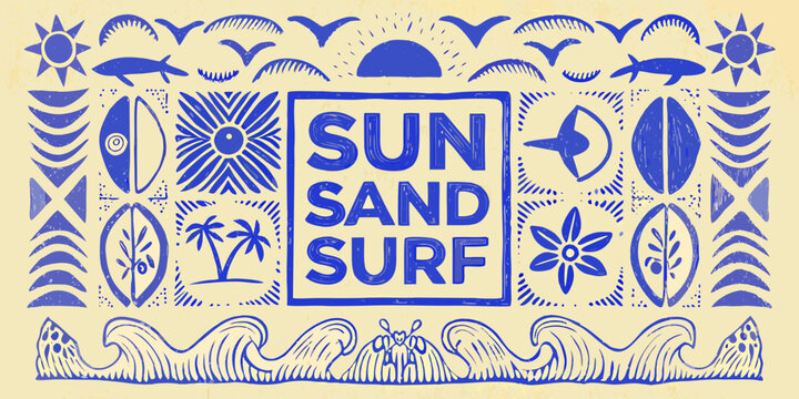 Blue and yellow stylized illustration featuring sun sand surf and organic forms