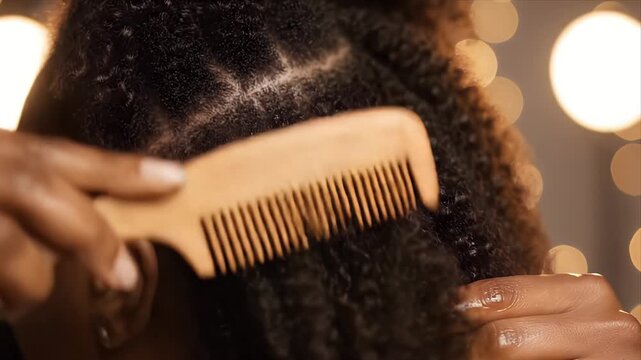 Close Up of Person Applying Oil and Combing Thick Coily Hair Detailed Texture and Shine Illuminated by Warm Bokeh