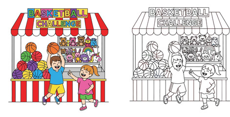Kids playing carnival basketball game, coloring book page vector illustration.