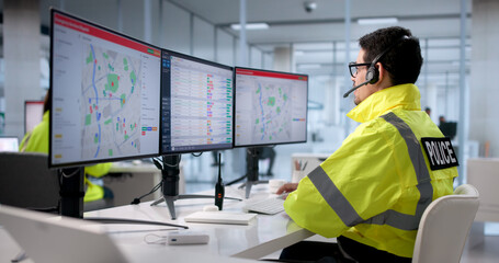 Obraz premium Emergency Call Centre: Police Team Monitoring 911 Line