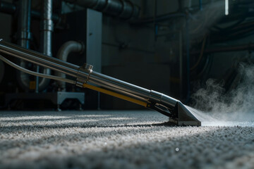 Naklejka premium Professional steam cleaning wand spraying hot steam onto grey carpet in industrial room