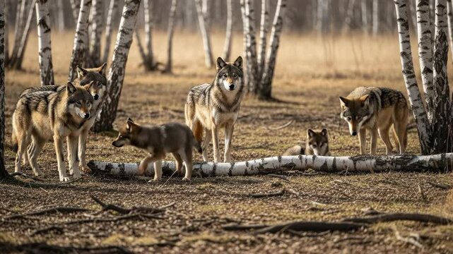 A wolf pack gathers in a birch forest.