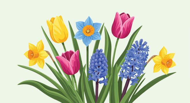 A vibrant, colorful collection of various spring flowers