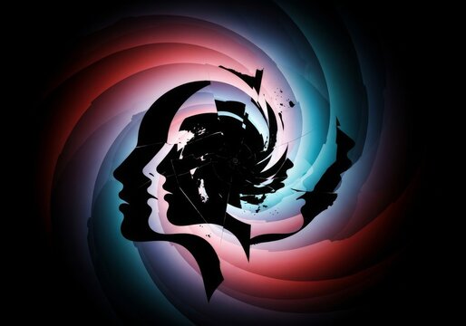Abstract visualization of self-awareness with distorted reflections and fragmented aspects of identity, representing internal thought, mental, reflection, vision