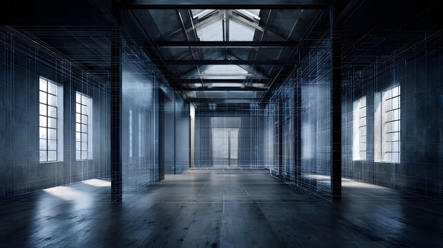 Empty industrial hall interior with architectural blueprint overlay and natural light illumination