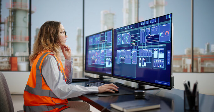 Female Engineer Checking Efficiency On Multiple Screens