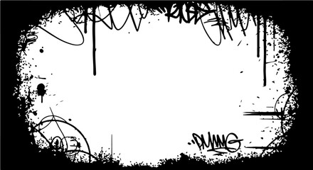 Fototapeta premium black and white grunge graffiti frame with ink splatters and paint drips an edgy urban street art border for copy space ideal for graphic design.
