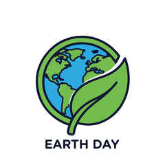 Flat design illustration of a green leaf wrapped around a blue and green globe on a white background for Earth Day.
