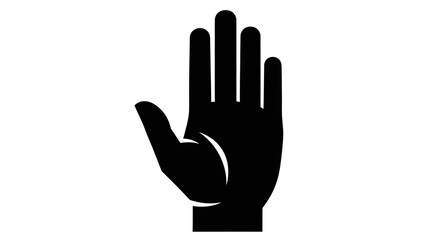 Fototapeta premium A black silhouette of a raised right hand with palm facing forward, displaying an open hand gesture on a white background.