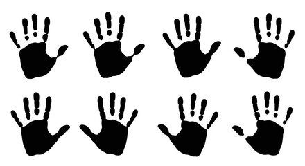 Obraz premium A set of black hand silhouettes with various gestures, including thumbs up, thumbs down, peace sign, and waving, on a white background with a flat lay composition.