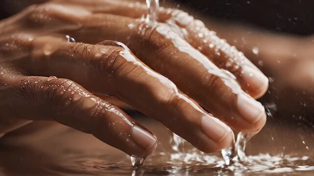 Close up of wet hands with water droplets cascading down fingers and palms in soft studio lighting