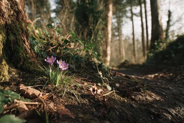 Fototapeta premium Two Purple Crocus Flowers Bloom in Forest Undergrowth Warm Sunlight Landscape